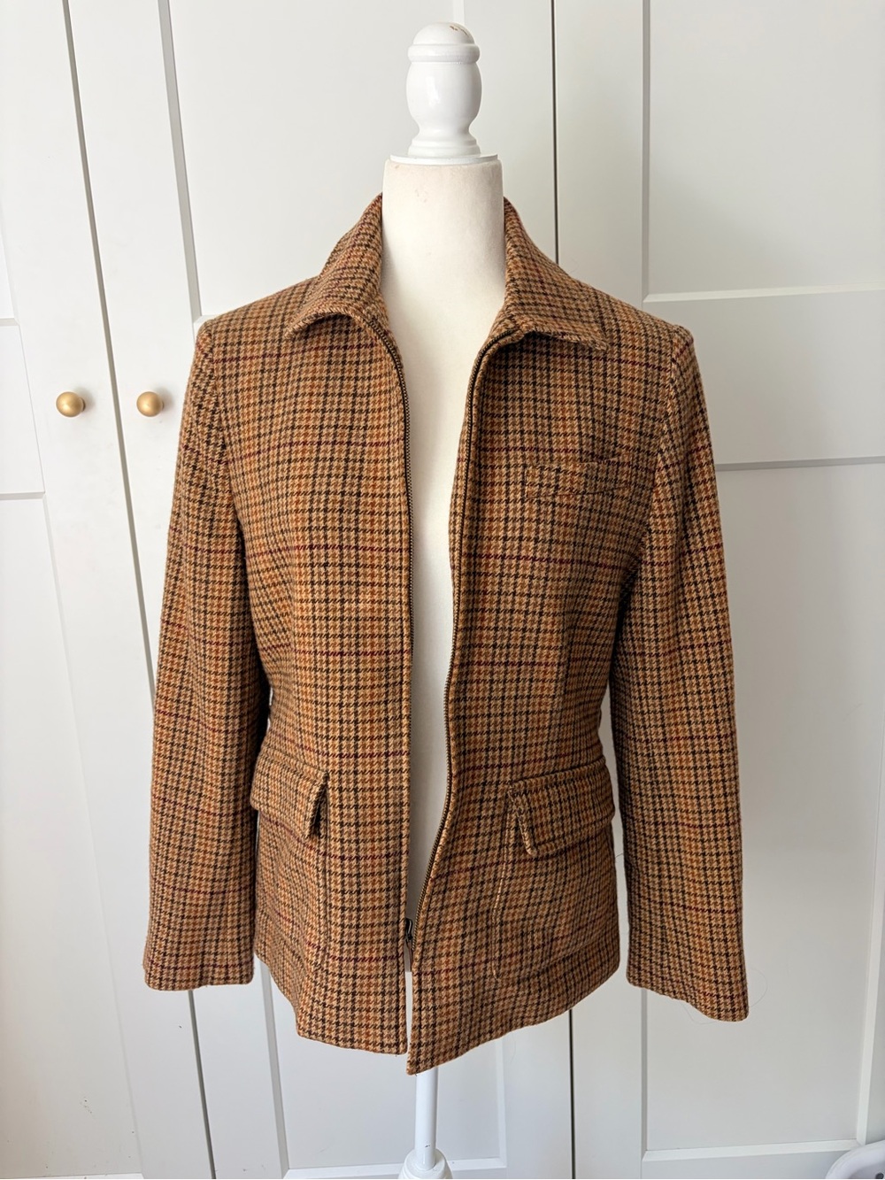 Ralph Lauren Wool Brown Houndstooth Zip Blazer | 6